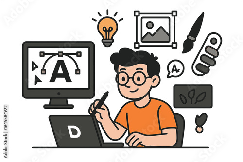 Graphic designer, digital artist at work. Man creating vector illustration on computer with drawing tablet. Creativity, idea, design process concept. Content creation, illustrator tools.