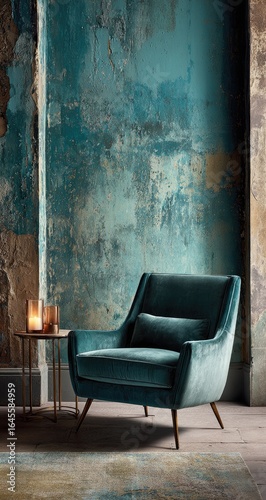Teal velvet armchair sits against a textured teal and brown distressed wall, accompanied by a small gold side table and candle
