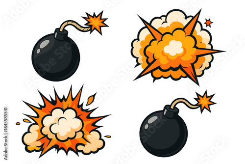 Set of cartoon bomb and explosion illustrations. Comic book style pop art vector elements. Boom and bang effects, dynamite blast with fire and smoke. Danger symbol.