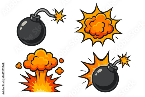 Cartoon bomb and comic explosion vector set. Collection of explosive blast icons with fire and smoke. Dynamic boom, bang effects. Danger symbol with a lit fuse illustration.
