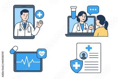 Health technology icon set. Telemedicine, virtual doctor consultation, online medical support, electronic health records, mobile health app, and secure patient data management.