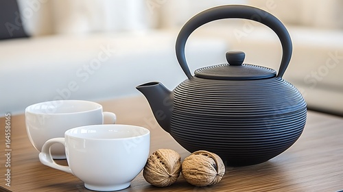 Elegant teapot alongside two white cups and some walnuts on wood