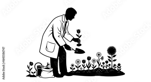 scientist cultivating growth a black and white illustration of careful nurturing and strategic development for business success and environmental sustainability