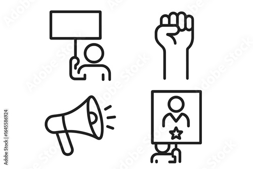 Political rally and protest line icon set. Vector of activist, raised fist, megaphone, demonstration sign. For social justice, human rights, election, and revolution.