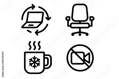 Remote work outline icon set. Vector illustrations showing work from home concepts like isolation with empty office chair, cold coffee, and muted video call camera.