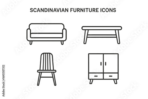 Scandinavian furniture icon set. Minimalist line art for home decor. Living room interior design elements. Modern sofa, chair, table, cabinet vector symbols. Isolated.