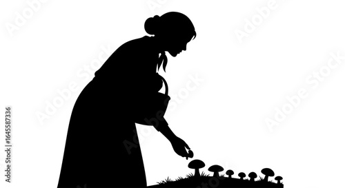 woman harvesting mushrooms a silhouette illustration for ecofriendly sustainable living and harvest themes