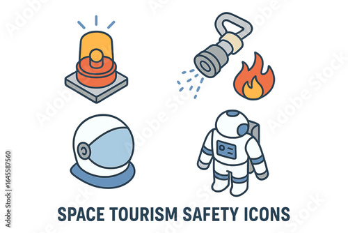 Space tourism safety icons isometric flat icon set. Includes astronaut, helmet, fire suppression nozzle, and emergency beacon. Vector illustration for space travel measures.