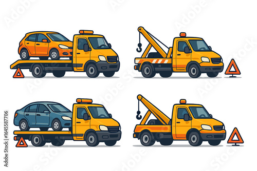 Tow truck vector set. Roadside assistance and vehicle recovery service. Flatbed and wrecker tow trucks transporting cars. Emergency automobile transport evacuation cartoon.