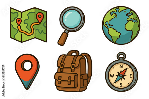 Travel icons for navigation, journey preparation. Map, compass, globe, backpack, magnifier, pin. Adventure, exploration, tourism, hiking, camping concepts. Vector cartoon.