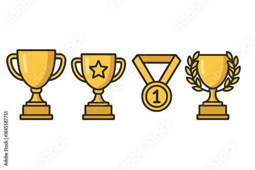 Gold trophy cup and medal award icon set. Vector cartoon illustration of prizes for achievement, success, and victory. First place champion reward for competition winner.