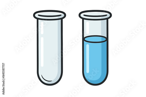 Science laboratory test tubes vector illustration. Empty and full glass flask with blue liquid for chemistry experiment, medical research or analysis. Chemical icon.