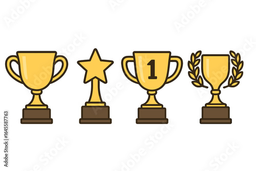 Golden trophy cup awards set. Vector icons for first place winner. Symbol of success, victory, achievement. Champion prize with star and laurel wreath. Flat cartoon.
