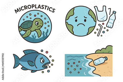 Microplastics pollution concept. Sad planet Earth, turtle, fish in polluted ocean. Plastic waste, bottle, bag, straw damaging marine life. Environmental disaster ecology problem.