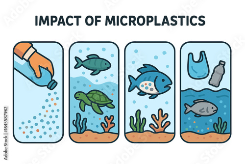 Impact of microplastics on marine life infographic. Plastic pollution in ocean water, environmental contamination concept. Fish and turtle eating plastic waste vector.