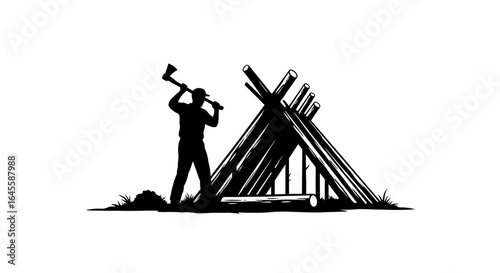lumberjack building aframe shelter black and white silhouette illustration for survival camping or construction projects