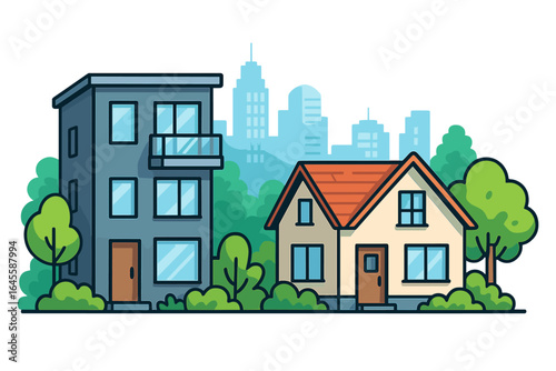 Urban apartment and suburban house side-by-side. City living versus quiet neighborhood concept. Modern real estate, property development with cityscape background. Vector.