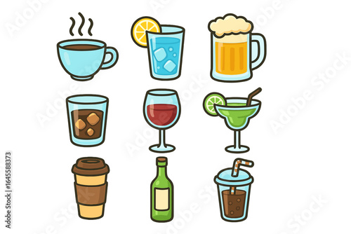 Drink icon set vector cartoon collection. Beverage symbols for bar menu or cafe. Coffee, beer, wine, cocktail, soda, juice icons. Alcohol and soft drinks flat illustration.
