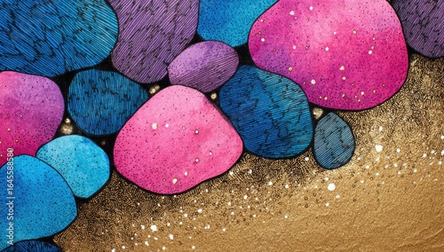 Abstract painting of colorful, organic shapes resembling smooth stones, overlaid on a textured gold background with flecks of gold