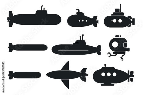 Submarine silhouette icon set. Vector collection of underwater vehicles. Military navy ship, torpedo, bathyscaphe, research submersible, ROV drone. Flat black graphic.