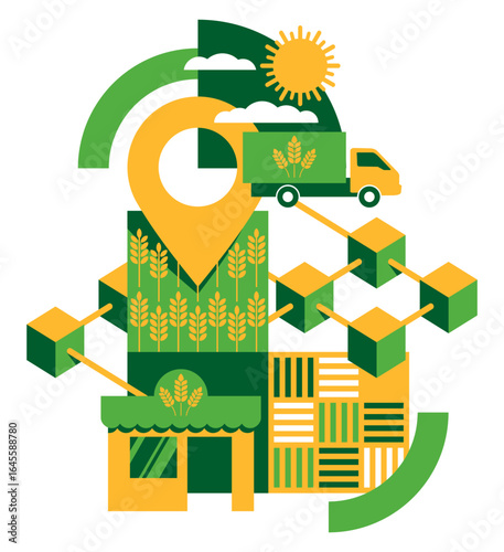 Blockchain technology in agriculture for Food Supply Chain. In geometric style