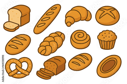 Bread and pastry icon set. Vector collection of bakery food. Cartoon illustration of croissant, baguette, loaf, pretzel, challah, muffin for menu or baking design.