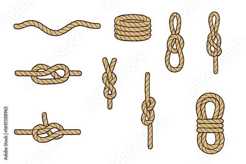 Rope knots vector set. Nautical marine illustration. Collection of different ties and loops. Jute cord or twine for climbing or sailing concepts. Minimalist cartoon design elements.