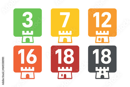 Game rating symbols vector set. Age restriction icons 3, 7, 12, 16, 18. Flat cartoon illustration for video games. PEGI inspired content rating system with castle icon.
