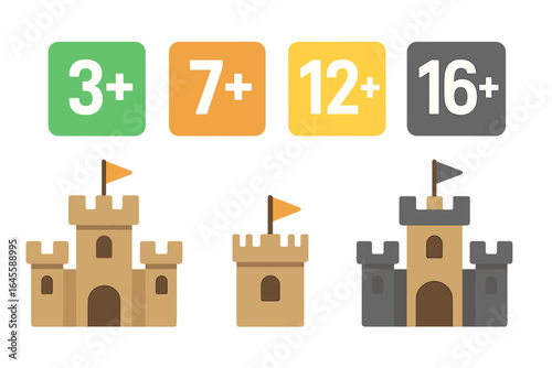 Game rating symbols vector set. Age restriction icons. 3, 7, 12, 16 plus. PEGI inspired system. Content classification label. Flat cartoon castle icon set. Video game UI element.