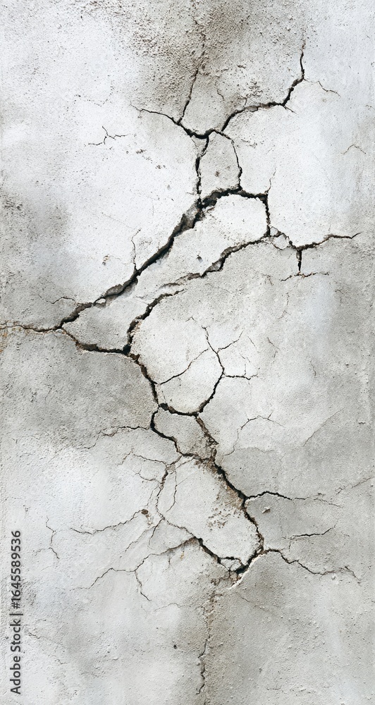 Obraz premium Cracked, off-white textured surface with a network of dark, thin fissures resembling a dried riverbed or parched earth
