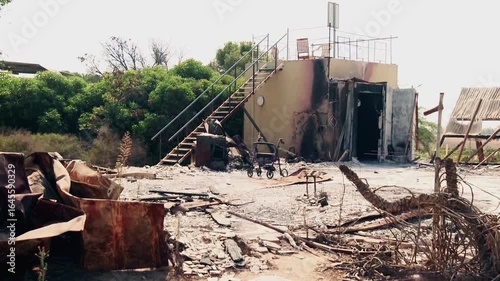 A burnt and destroyed bomb shelter at a southern Israeli kibbutz, where people must have been hiding during the attack while a massive massacre was carried out. Nir Oz, Israel.
