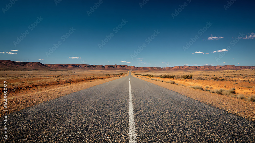 Fototapeta premium An open road leading towards a desert horizon under a clear, blue sky (1)