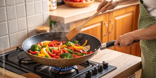 Stir-fried Vegetables in Wok Colorful, Healthy Recipe, Cooking Concept, Wooden Spoon, healthy food, cooking at home healthy cooking, vegetarian recipe