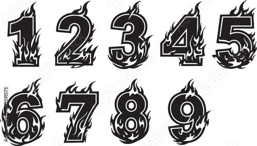 Bold black flame numbers set, 1 to 9, stylized in a modern tattoo-inspired vector design. Each number is decorated with dynamic flame elements, creating a striking, high-contrast appearance perfect fo