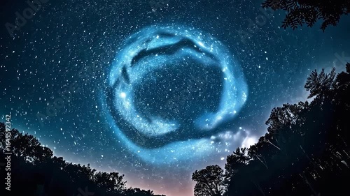 A mesmerizing display of swirling stars fills the night sky above a serene landscape