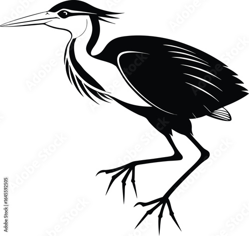 Black and White Heron Silhouette: Elegant Bird Vector Illustration
