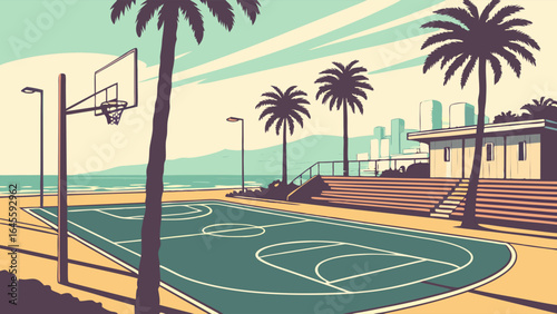Beachfront Basketball Court with Palm Trees and Coastal Scenery.