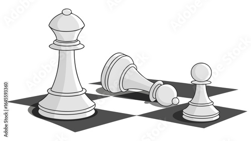 Cartoon Chess Pieces Queen Bishop and Pawn on Board.