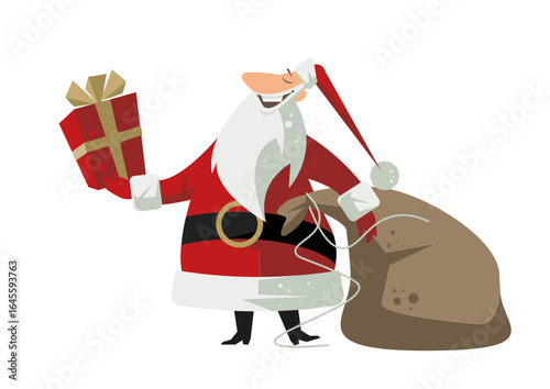 Santa Claus stands with a gift in his hand next to a large sack of gifts