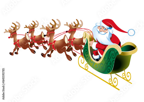 Santa Claus in his sleigh pulled by reindeer driving across the sky