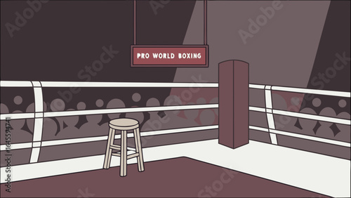 Empty Boxing Ring with Spectator Area and Sign.