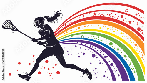 Female Lacrosse Player in Action with Rainbow Background.