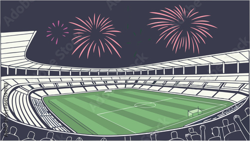 Festive Stadium Scene Fireworks over Soccer Field and Cheering Crowd.