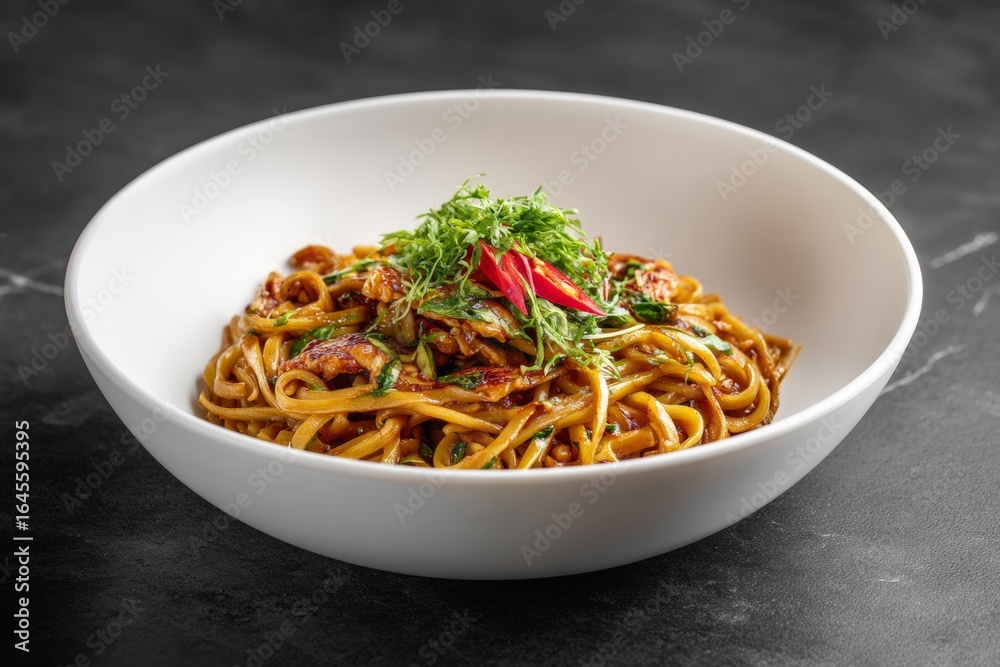 A bowl of stir-fried noodles garnished with vibrant herbs and red chilies is beautifully presented on a dark surface. The dish showcases a mix of flavors and textures, appealing to food lovers A bowl of stir-fried noodles garnished with vibrant herbs and red chilies is beautifully presented on a dark surface. The dish showcases a mix of flavors and textures, appealing to food lovers