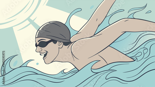 Happy Swimmer in Water with Goggles and Swim Cap.