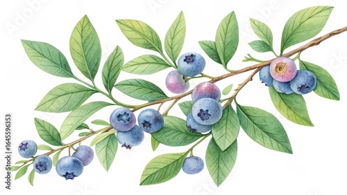 Watercolor Blueberry Branch Botanical Illustration, Lush Greenery, Ripe Berries, Summer Harvest Blueberry, Watercolor Painting