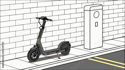 Modern Black Electric Scooter Parked by Brick Wall.