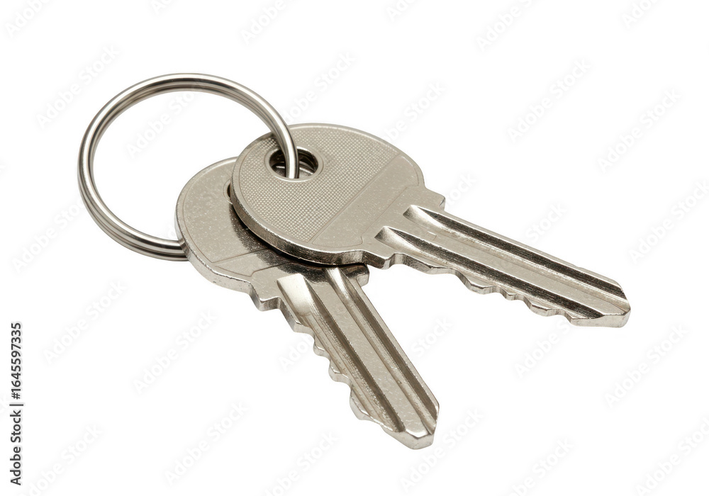 Two silver keys on a ring isolated on transparent background Two silver keys on a ring isolated on transparent background