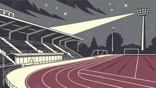 Nighttime Sports Stadium with Running Track and Seating.