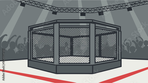 Octagon Fight Cage in Arena with Excited Crowd.